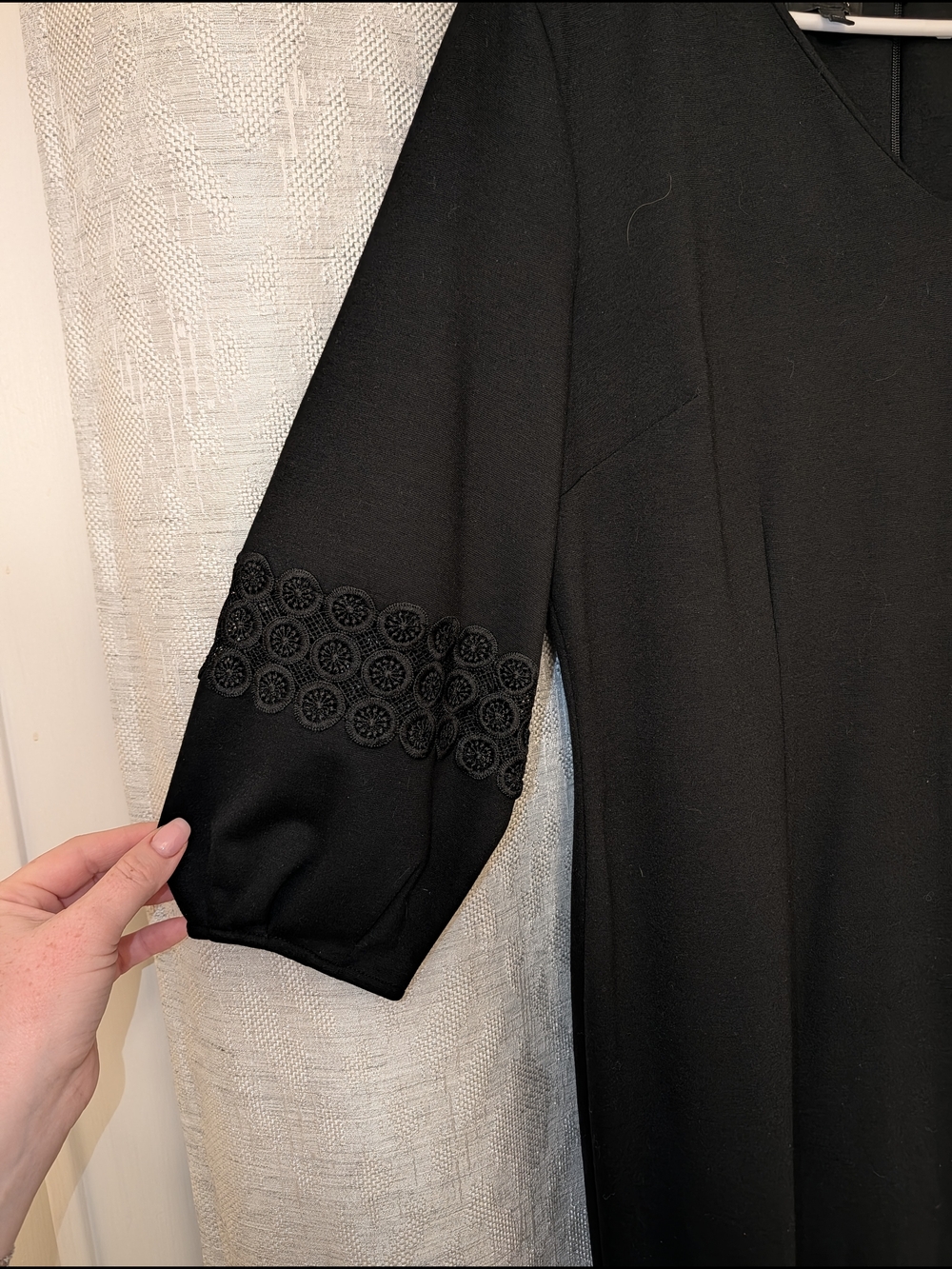 Talbots Black V-Neck Midi Dress with Lace Sleeve Trim LBD Event Work
